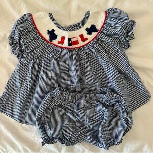 Texas Smocked Embroidered Red White Blue Gingham Baby Outfit 3M
